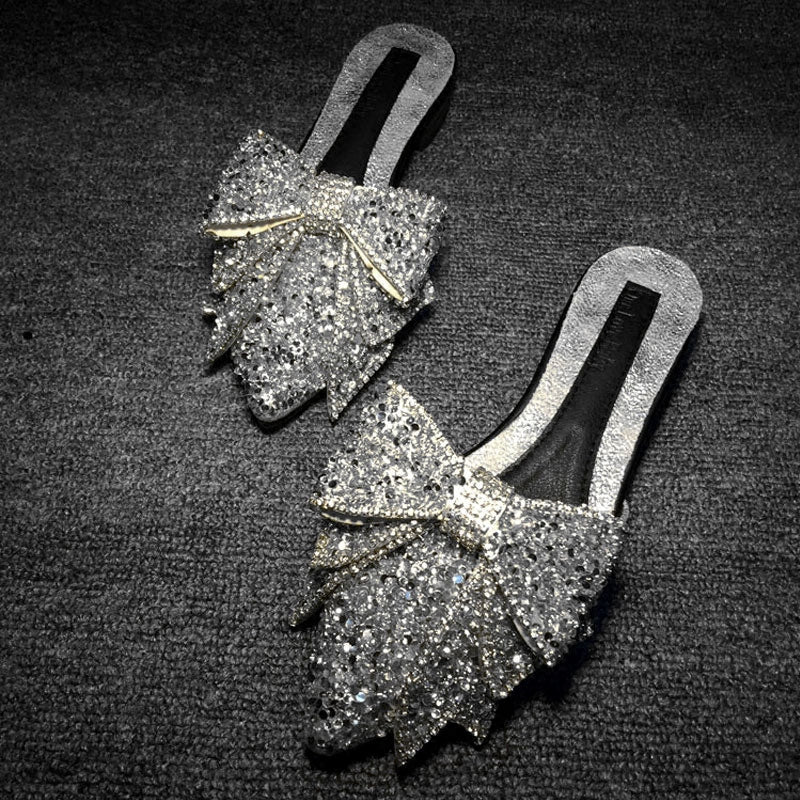 Pantuflas medias con lazo puntiagudo y diamantes de imitación para mujer a la moda