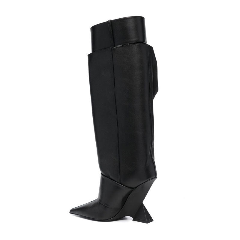 High-profile Wedge Sleeve Pointed Slip-on Strap Large Fastener Boots