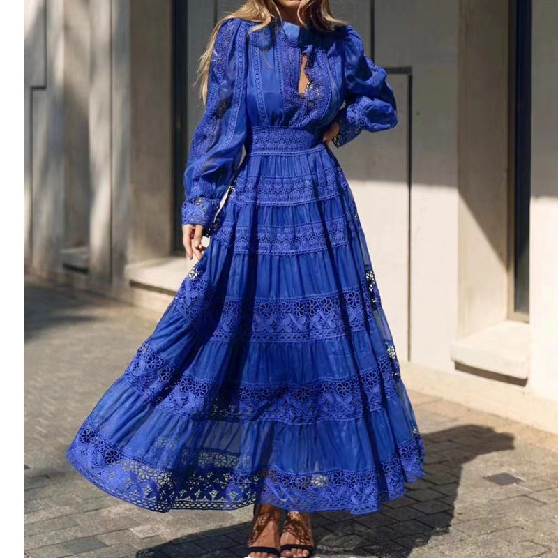 Hollow Lace V-neck Long Sleeve Swing Dress