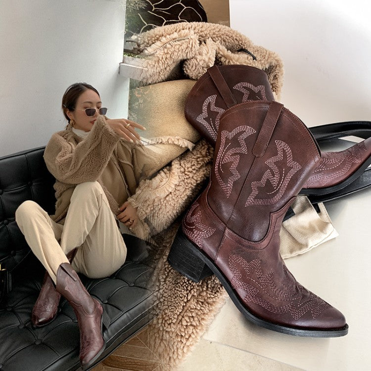 Cowhide Women's Embroidered Short Martin Boots