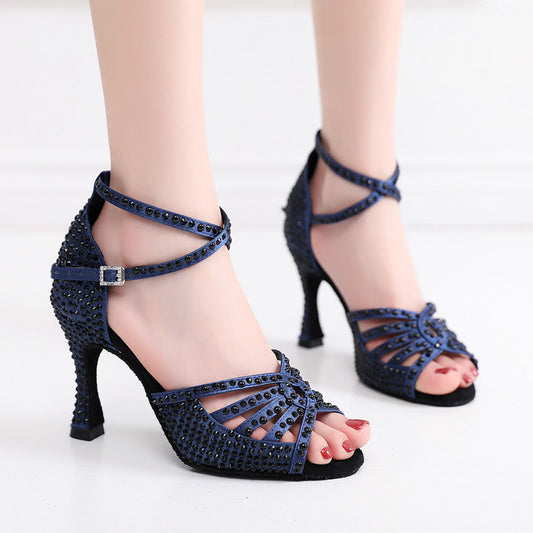 Zapatos de baile latino con diamantes de imitación para mujer, color azul oscuro