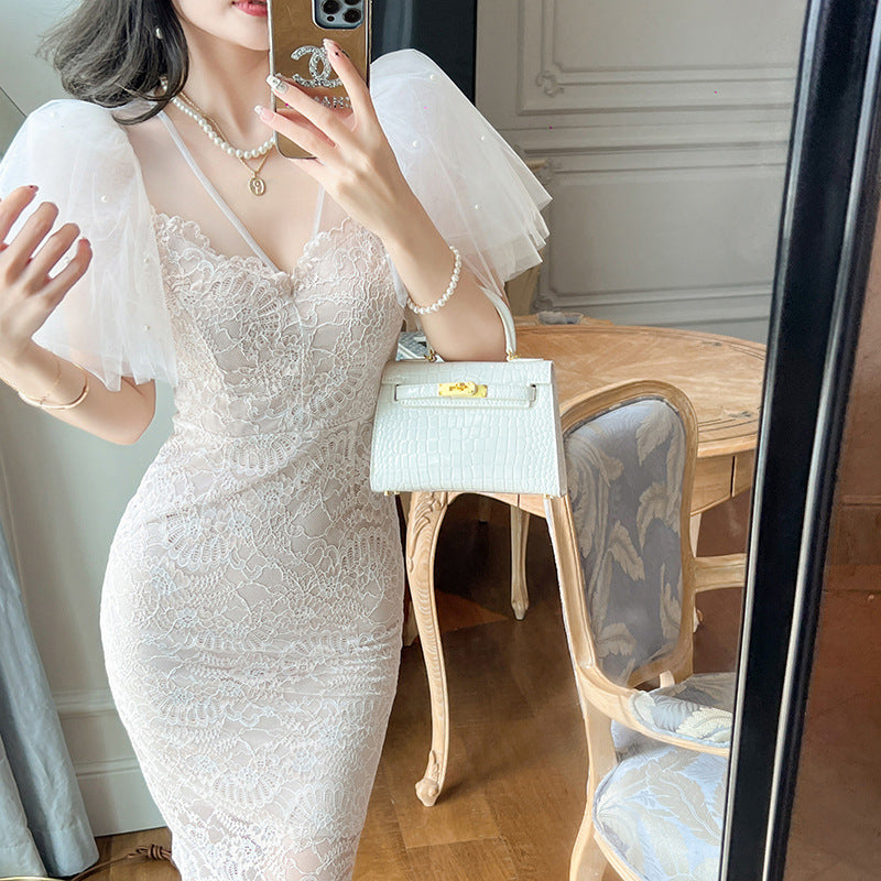 French Mesh Puff Sleeve Waist Lace Dress Women