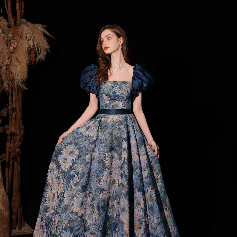 Light Luxury Minority Princess Court Oil Painting Style Tube Top Blue Evening Dress