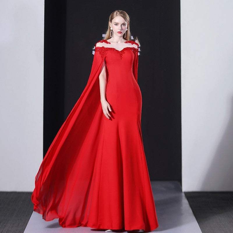 Evening Gown Women's Banquet Red Cloak Elegant Dress