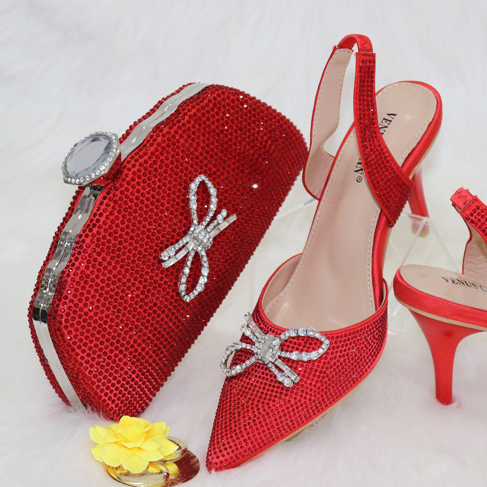 Ladies Bow Silver Buckle Design Pointed High Heels And Bags