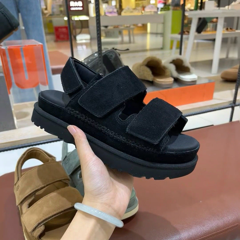 Sandales Velcro en cuir véritable pour femmes, nouvelle collection printemps et été, sangle inférieure épaisse, bout ouvert, augmentant la hauteur