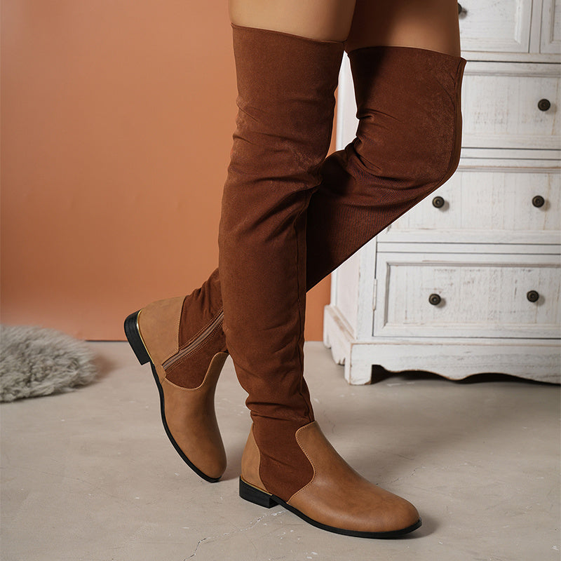 Botas por encima de la rodilla a la moda para mujer, Botas Largas de tacón bajo con costura de gamuza y diseño de cremallera lateral, zapatos de fiesta para invierno