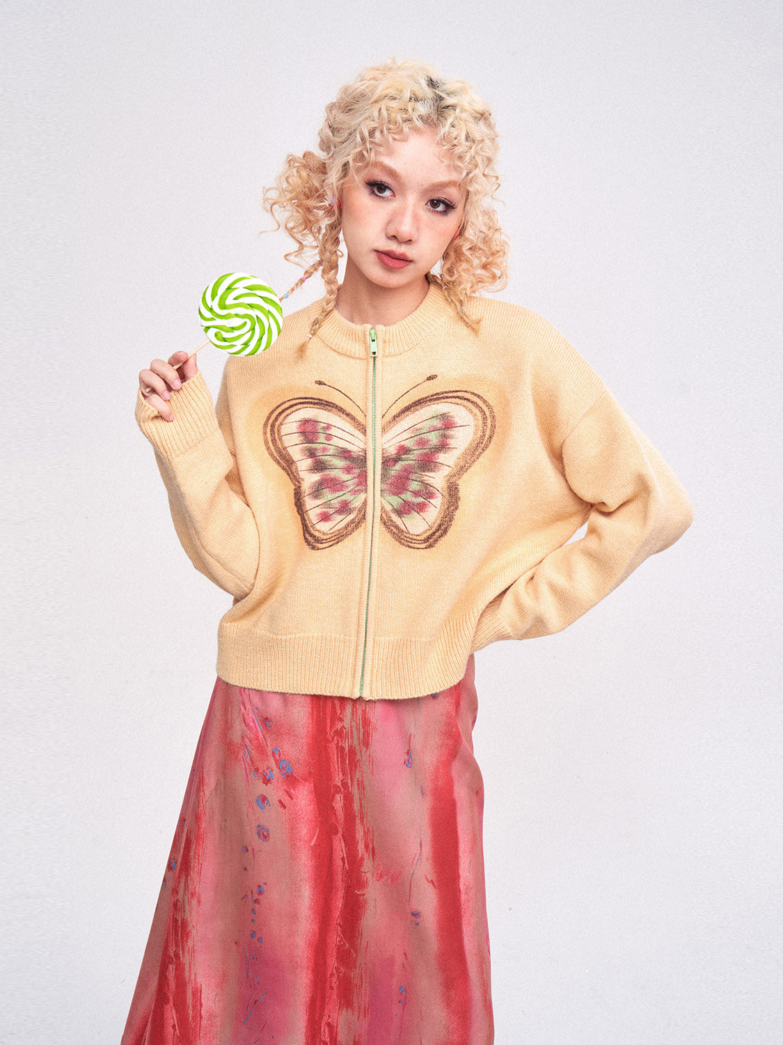 Girl Butterfly Messenger Printed Knitted Cardigan Sweater Casual Loose Top