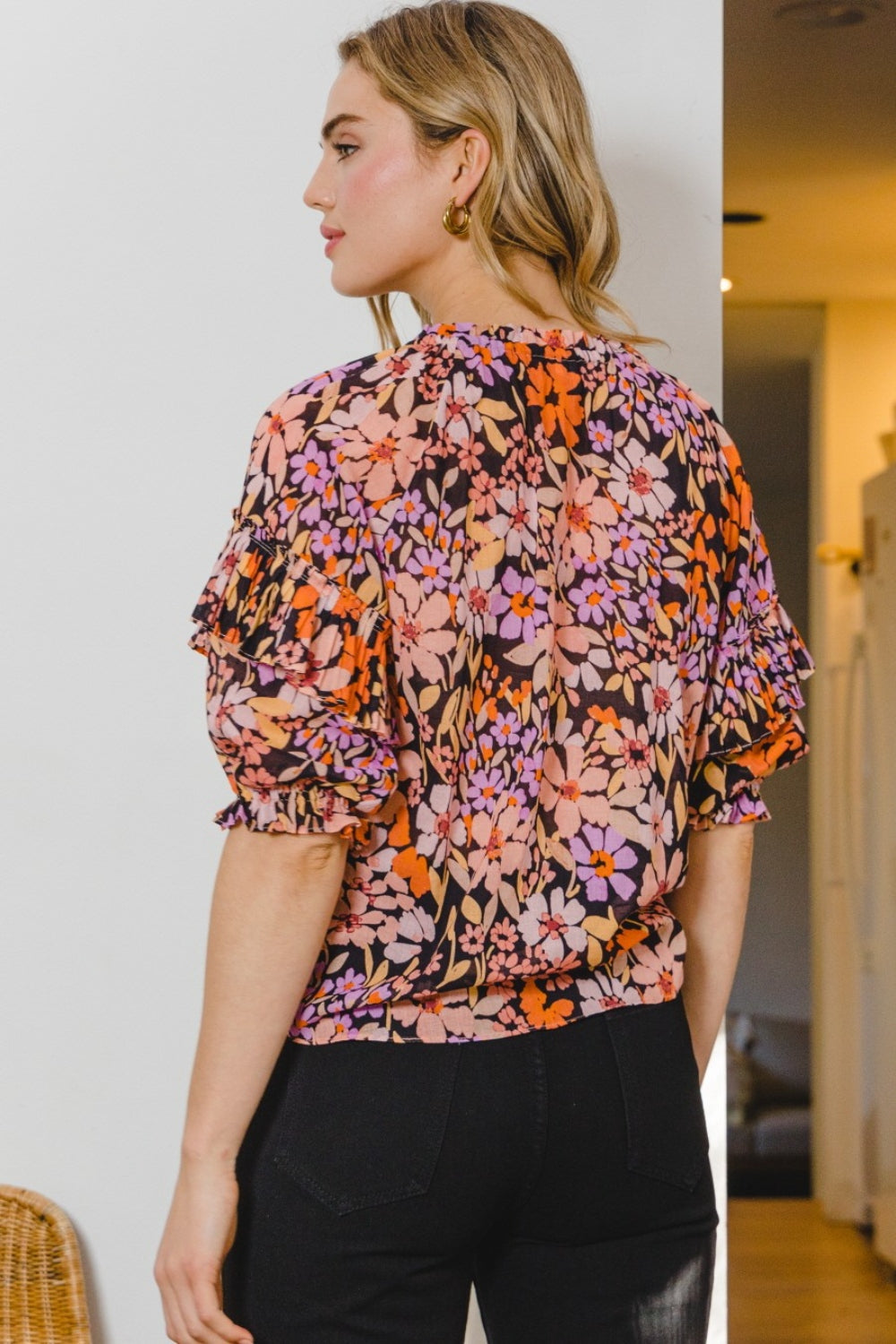 ODDI Blusa con volantes y cuello con lazo floral de tamaño completo