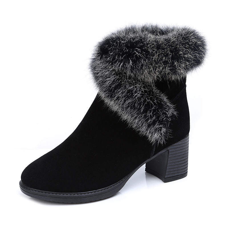 Botas de nieve de piel de conejo zapatos de algodón para mujer tacón medio más terciopelo grueso cálido