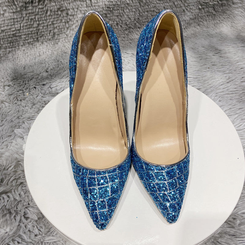 Zapatos de boda de tacón alto con lentejuelas azules todos los días