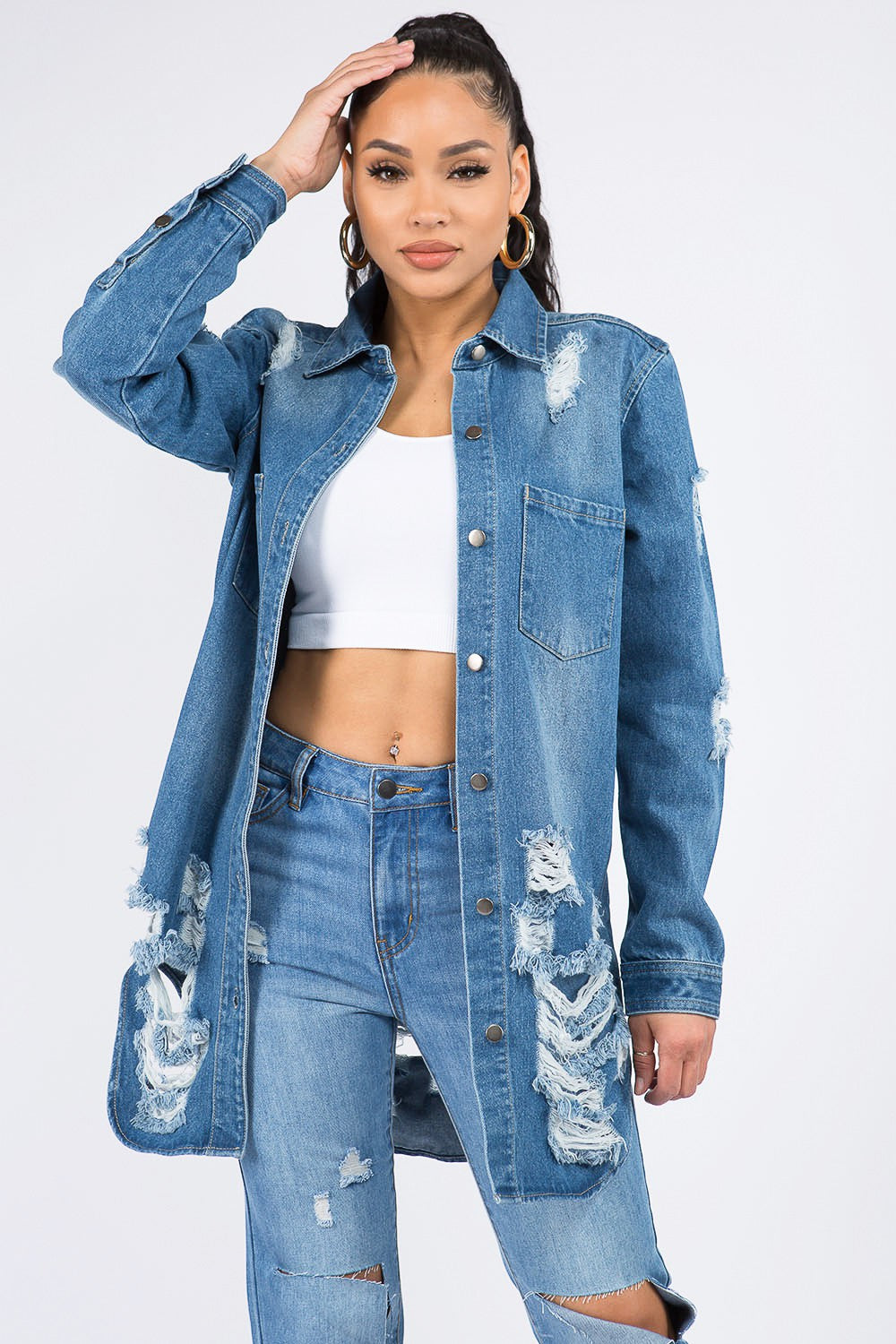 American Bazi - Veste chemise en jean boutonnée en détresse