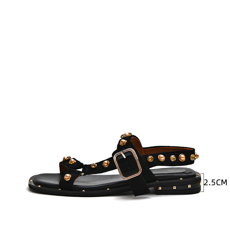 Sandalias de mujer estilo festivo romano naranja plano negro