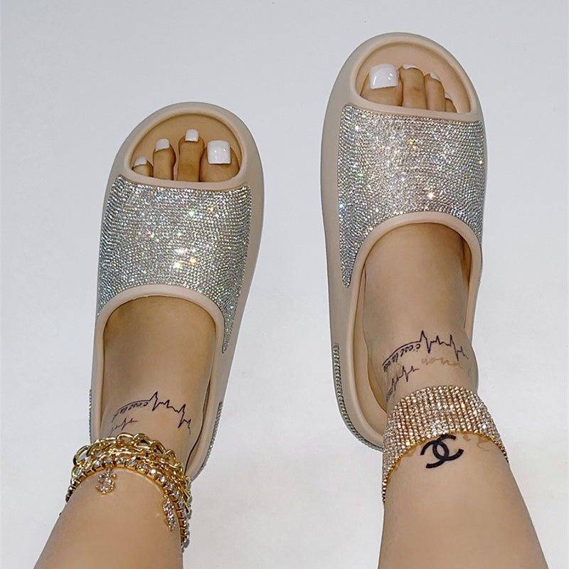 Zapatillas con diamantes de imitación para mujer, zapatos de suela gruesa con punta abierta, chanclas de moda para verano