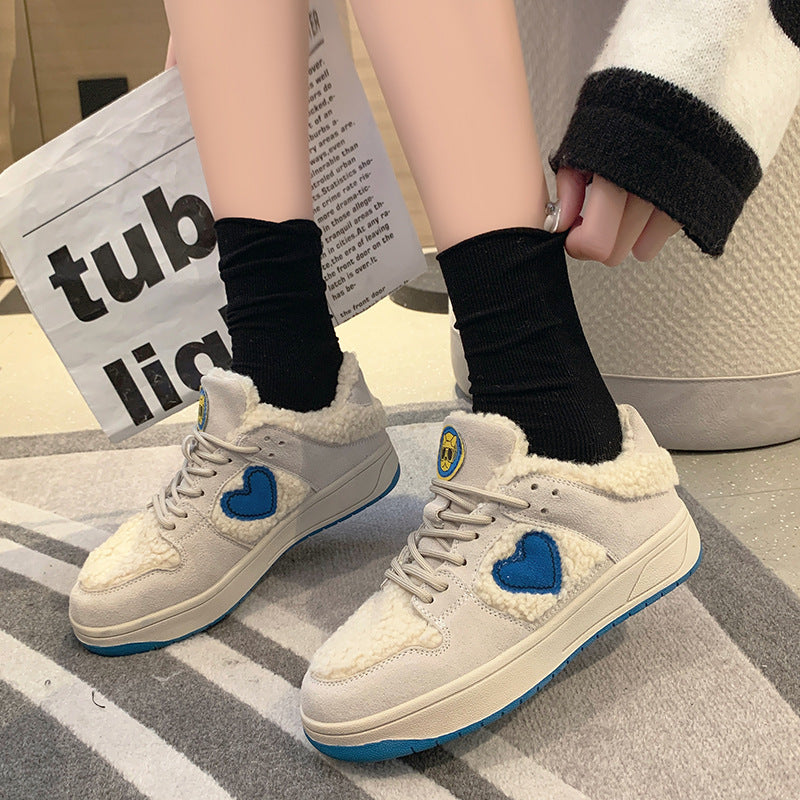 Women's Thick-soled Love Lambs Wool Lace-up And Suede Sneakers