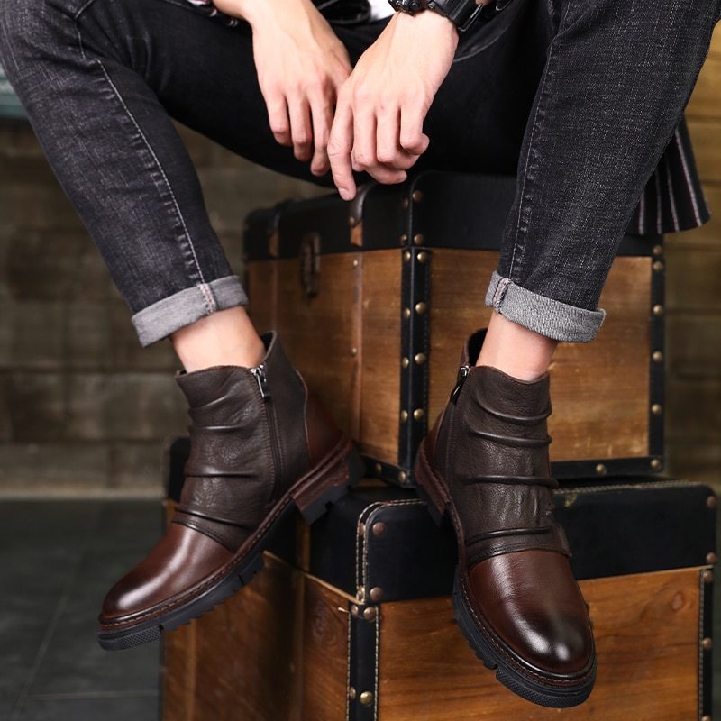 Botas retro arrugadas de cuero genuino para hombre