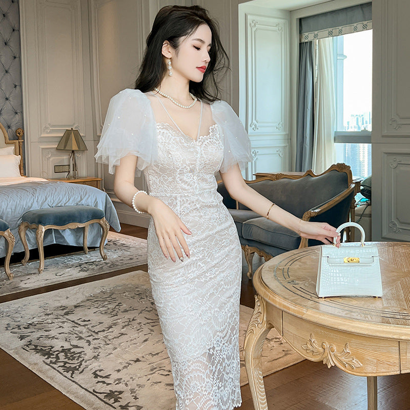 French Mesh Puff Sleeve Waist Lace Dress Women