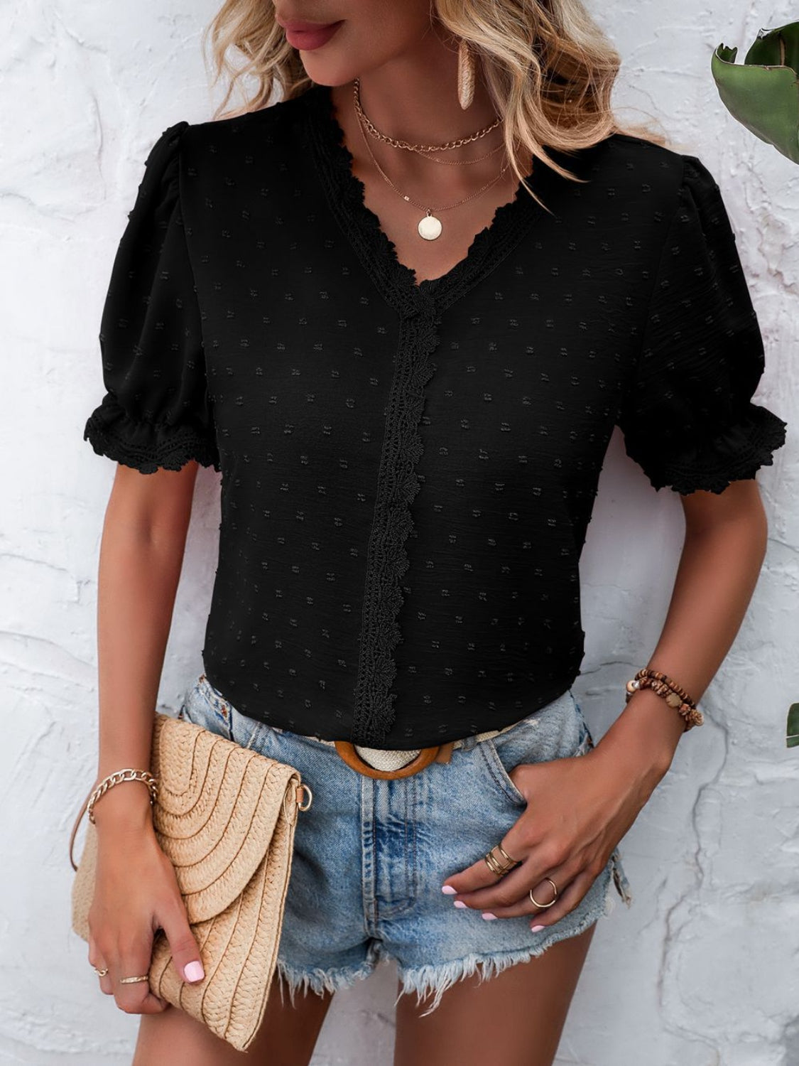 Swiss Dot V-Neck Flounce Sleeve Blouse