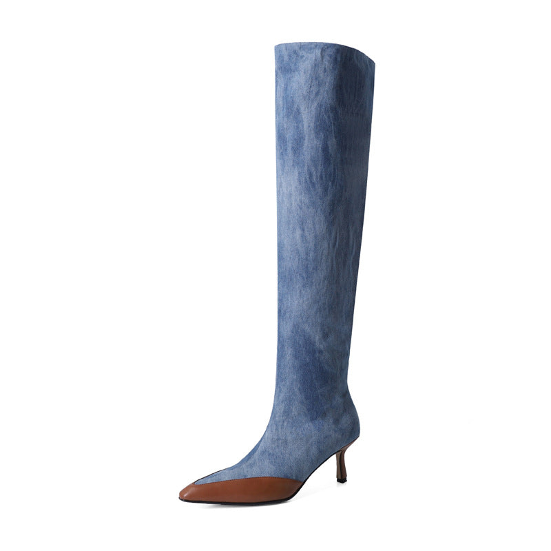 Zapatos De Tacón Alto Botas Plisadas Con Punta Puntiaguda Tubo Grande Azul Denim