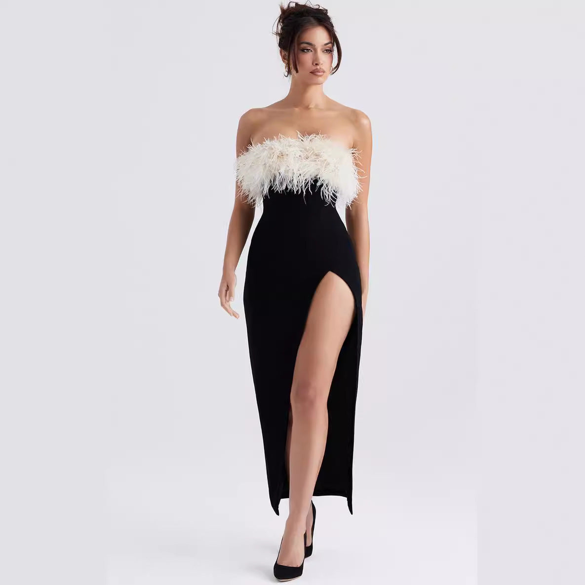 European And American Off-shoulder Contrast Color Ostrich Hair Tube Top High Slit Bandage One-piece Dress