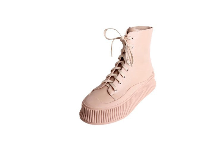 Korean Style Thick-soled Biscuit Shoes Lace-up Flat High-top Women's Short Boots