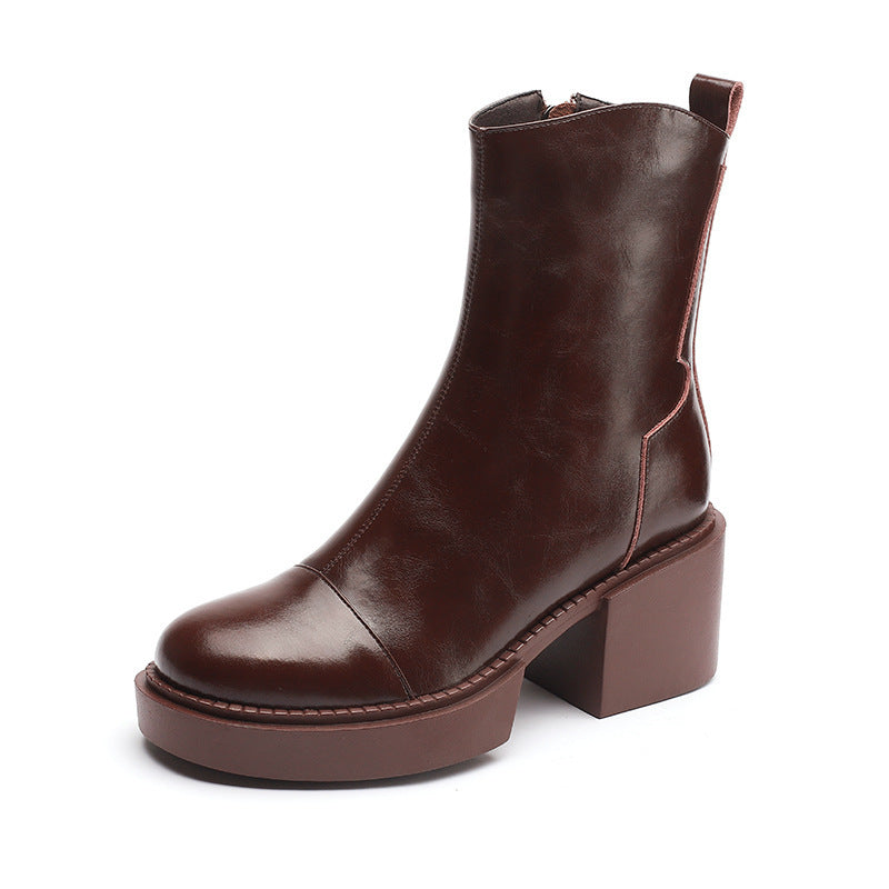 Women's Round Toe Horse Oil Leather Ankle Boots