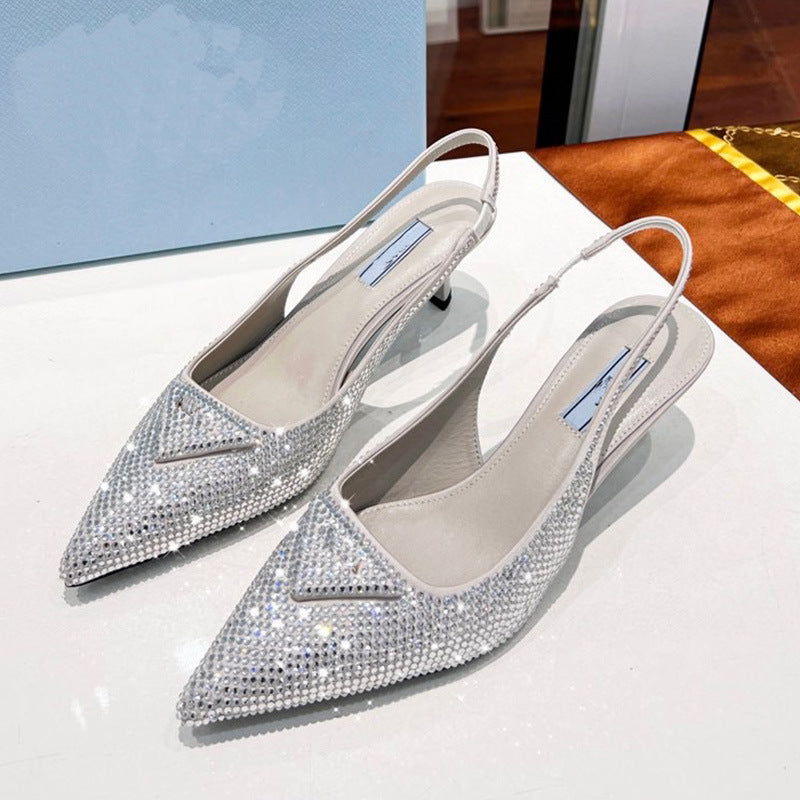 Women's Triangle  Pointed Rhinestone Cat Heel Sandals