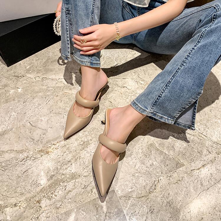 Pointed Toe High Heels Leather Apricot Toe Half Slippers