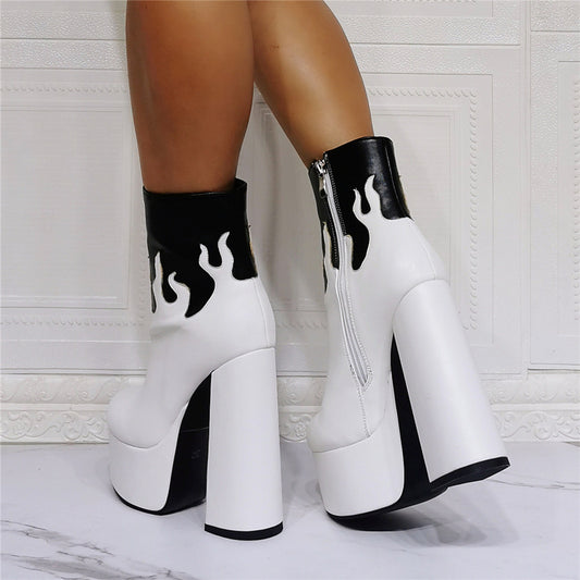 Gothic Water Stage Flame Thick Heel Fashion Super High Heel Plus Size 47 Women's Short Boots