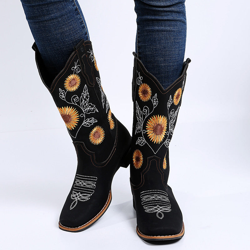 Botas vaqueras para mujer, zapatos con bordado de girasoles, botas vaqueras de tacón bajo