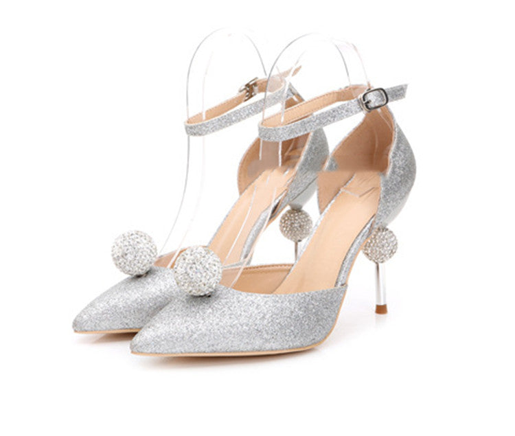 Fashion Rhinestone Silver Pointed High Heels Single Shoes