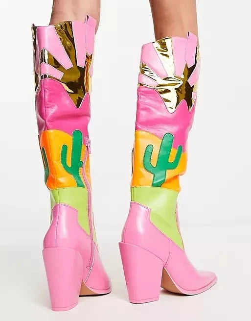 Ins Fashion Runway Bottes en mosaïque multicolores à talons épais