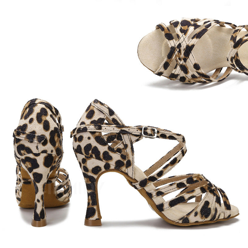 Zapatos de baile latino con estampado de leopardo Tacón de aguja para mujer Baile de fondo suave