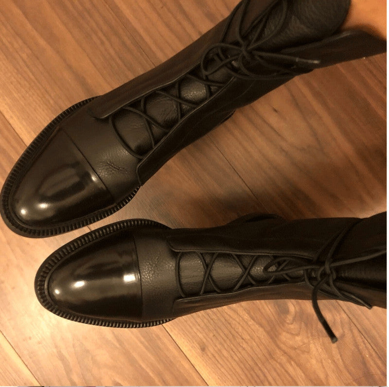 Mid-tube Locomotive Boots Lace-up Black Low-heeled