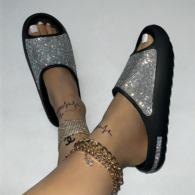 Zapatillas con diamantes de imitación para mujer, zapatos de suela gruesa con punta abierta, chanclas de moda para verano