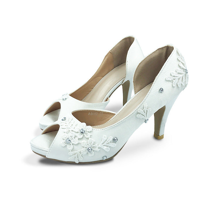 Nouveau Chaussures de mariage à talons aiguilles en dentelle blanche et ruban