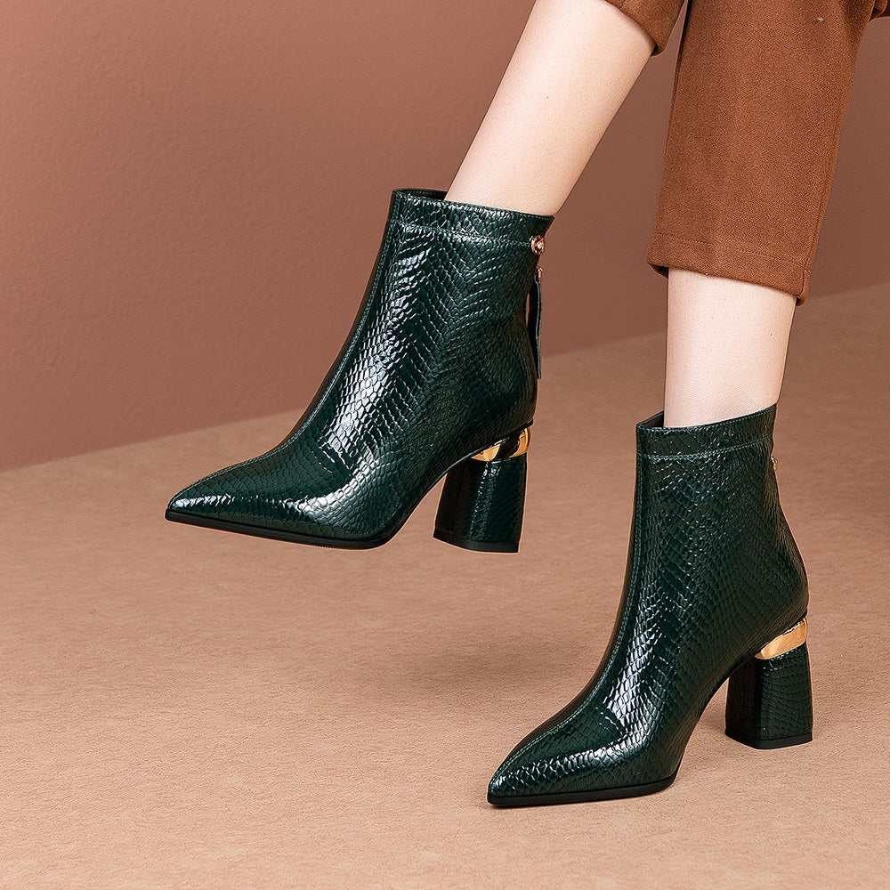 Bottines en cuir à bout pointu pour femmes, talons épais et fermeture éclair, talons hauts, automne et hiver