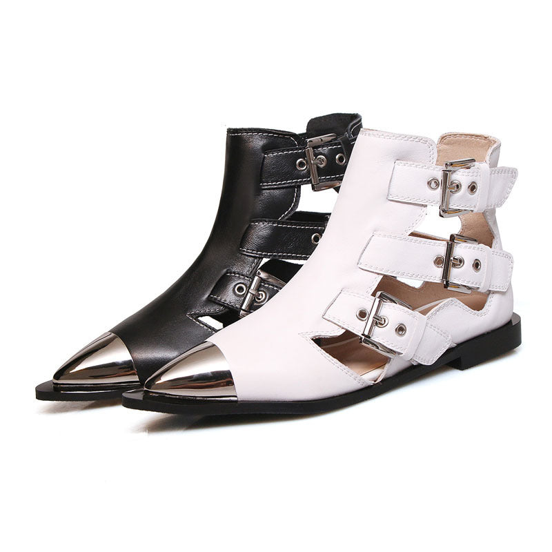 Fine Pointed Toe Low Heel Full Leather Rivet Sandals Inside And Outside