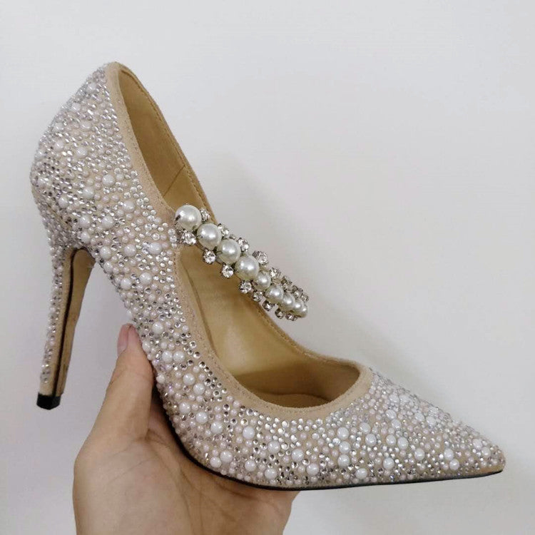 Zapatos de tacón alto planos con perlas y diamantes de imitación de boca poco profunda y puntiagudos para mujer