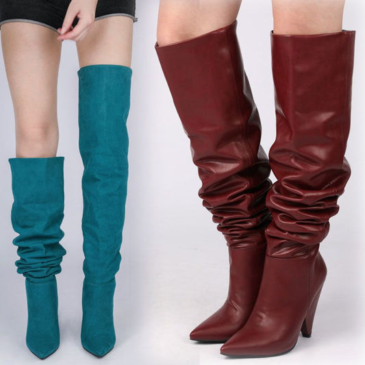 Pointed-toe Folds Profiled Heel Over The Knee Boots Women's One-step Sleeves Are Thinner