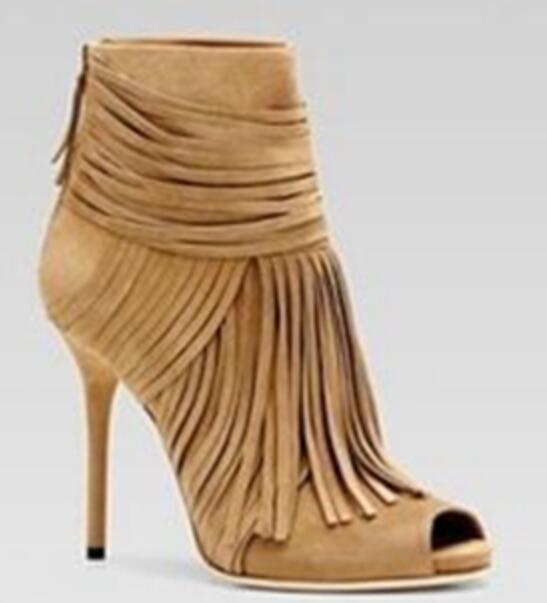 Korean Version Of Spring And Autumn Fish Mouth Beige Suede Fringed Back Zipper Stiletto Heels