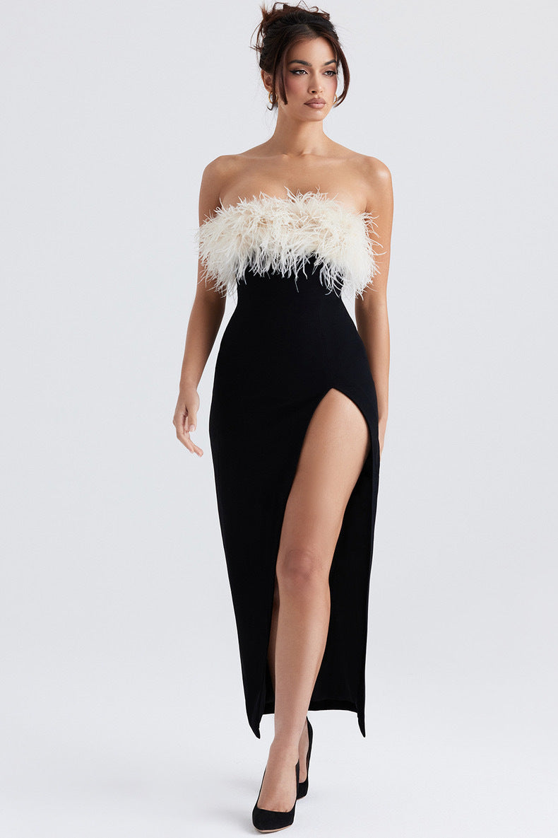 European And American Off-shoulder Contrast Color Ostrich Hair Tube Top High Slit Bandage One-piece Dress