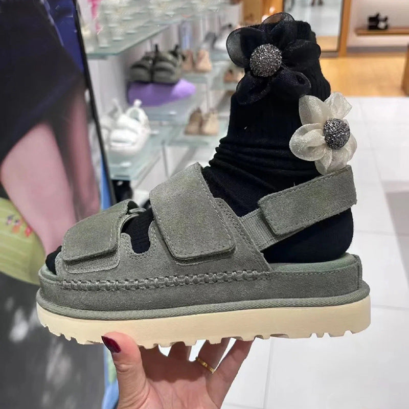 Sandales Velcro en cuir véritable pour femmes, nouvelle collection printemps et été, sangle inférieure épaisse, bout ouvert, augmentant la hauteur