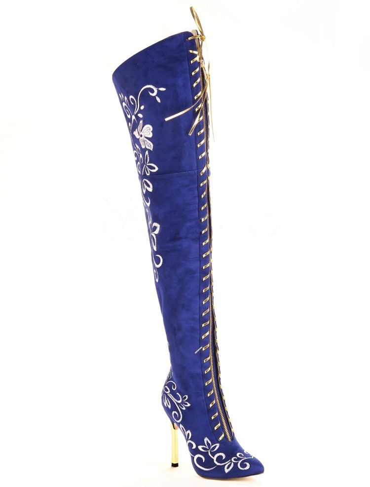 Elegant Embroidered Boots Over The Knee Stylish Zip Stiletto Heel