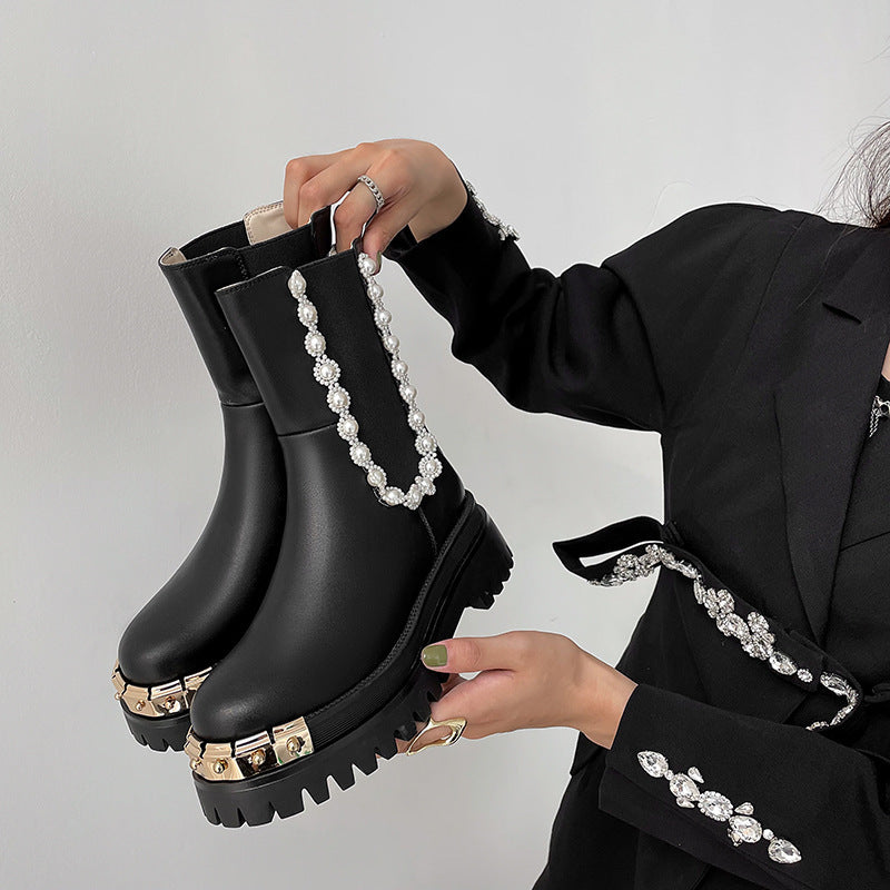 Cowhide Stitching Martin Boots With Thick Heel And Beaded Decoration