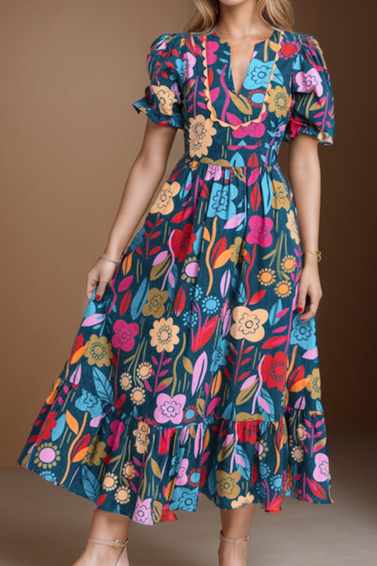 Vestido midi estampado con muescas y mangas abullonadas