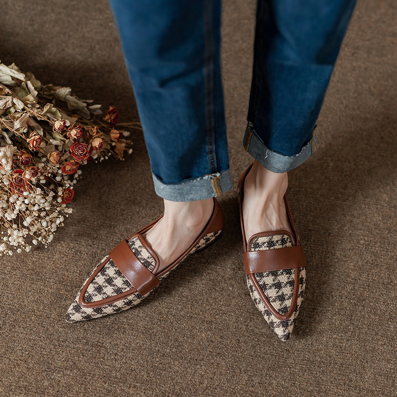 Women's Cowhide Plaid Flat Shoes