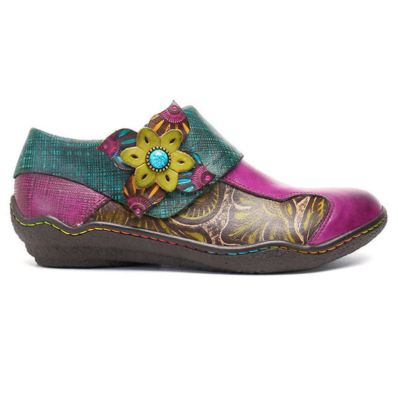 Female Ethnic Flower Full Leather Embossed Handmade Retro Flat Shoes