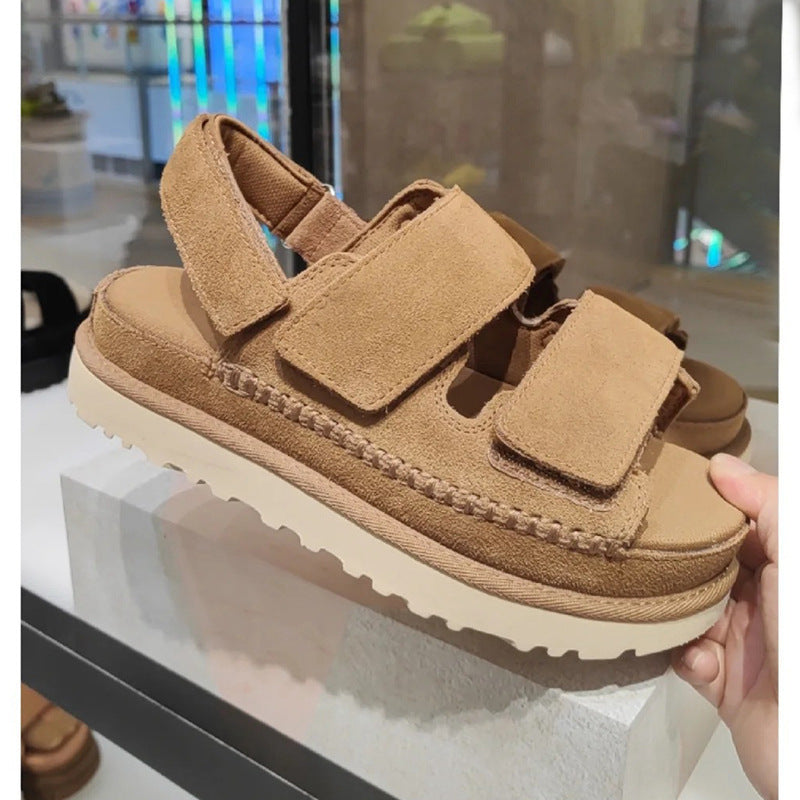 Primavera y verano nuevas sandalias de Velcro con correa inferior gruesa de cuero genuino para mujer con punta abierta que aumenta la altura