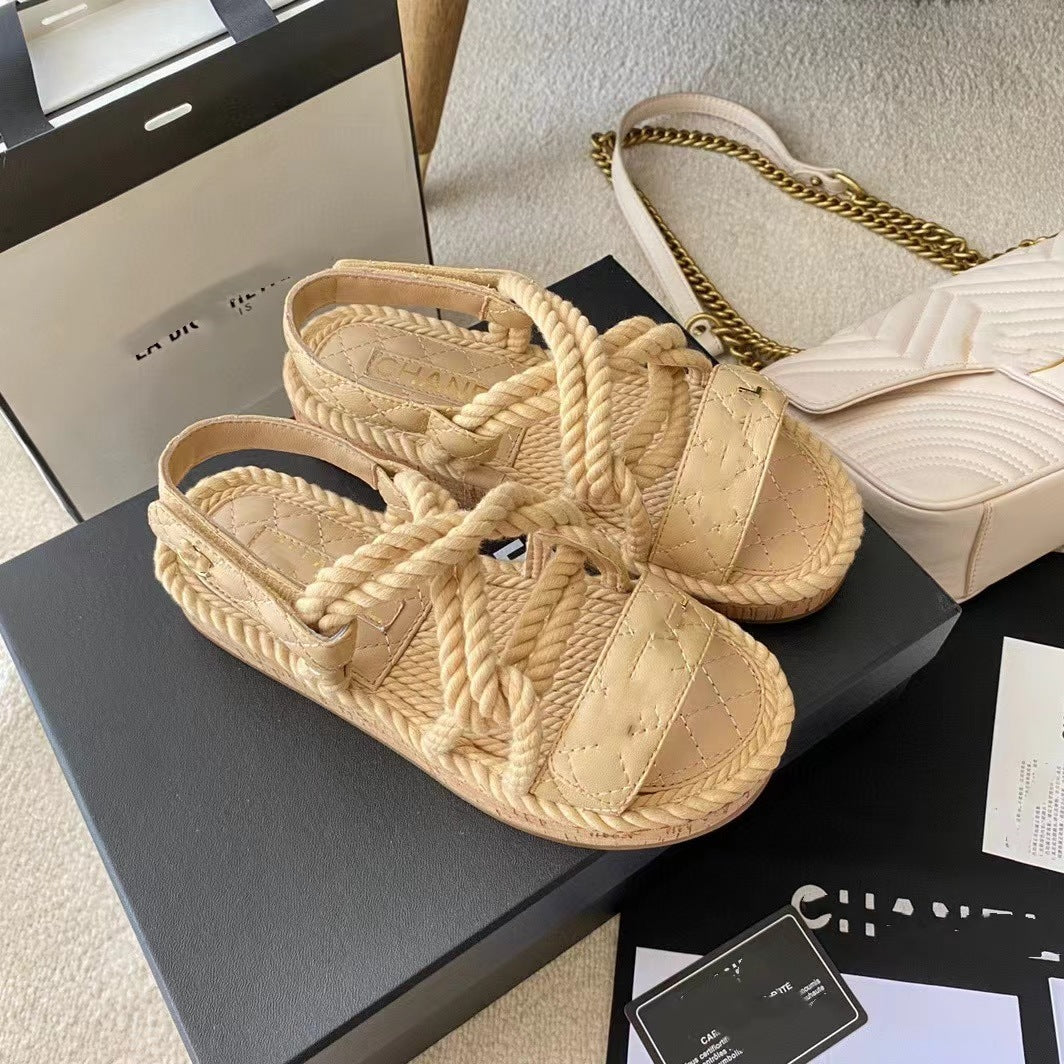 Flat Casual Velcro Hemp Rope Platform Slippers